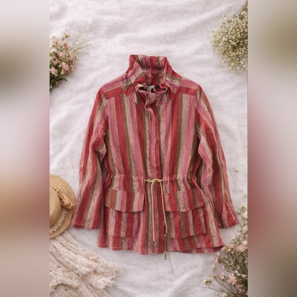 PULI Full Zip Crinkle Cotton/nylon L Sleeve Ruffled Collar Light JacketLadies XS